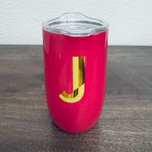 J Initial Metallic Gold Coral Pink Insulated Travel Tumbler Cup Mug